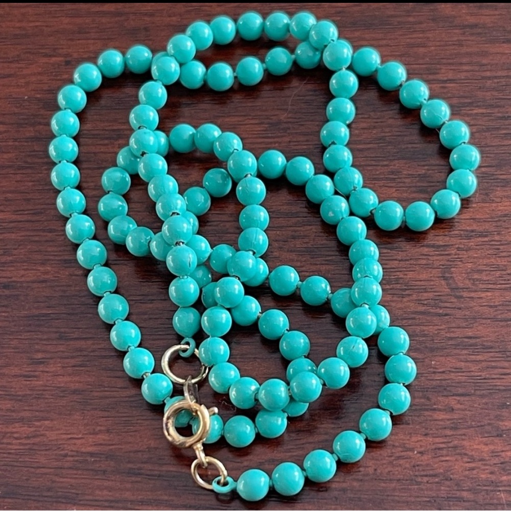Turquoise blue enameled brass bead 26 inch necklace - Picture 2 of 6